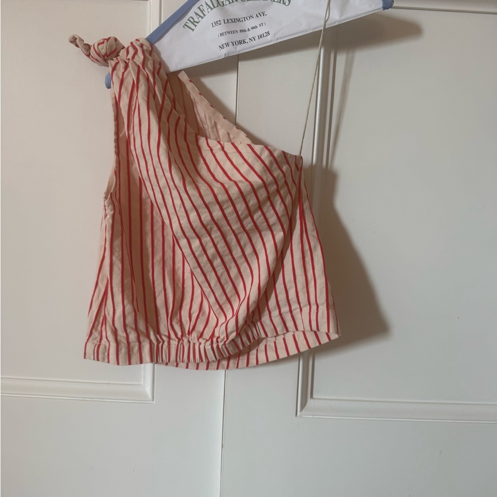 Rosie Assoulin Cream and Red Striped asymmetrical top